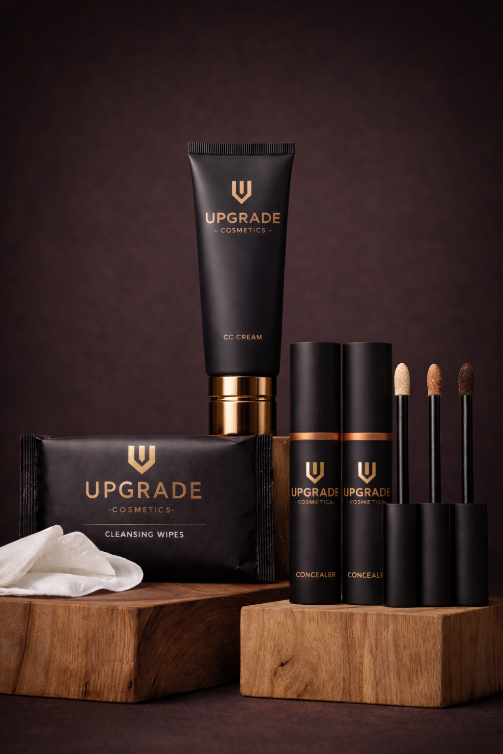 Upgrade Cosmetics product lineup on light wooden blocks